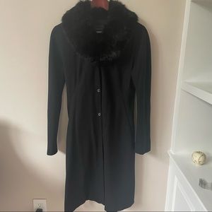 LAWRENCE STEELE Black wool blend coat with fox fur neck
